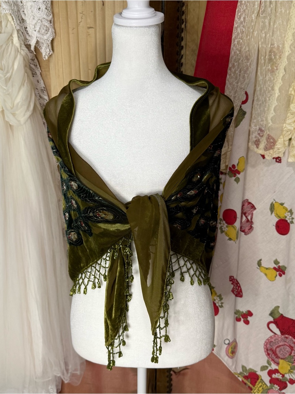 Vintage Olive Green Velvet Peacock Shawl with Bead Fringe - Picture 4 of 5
